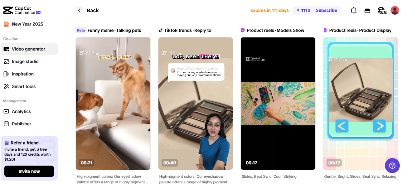 Pippit interface showcasing video templates for product research and creating winning ads for dropshipping.